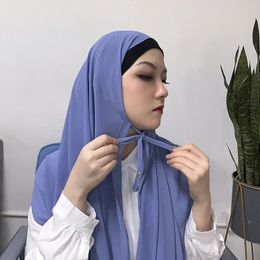 Plain Bubble Chiffon With Rope Convenient Tether Women's Hijab Wrap Solid Colour Muslim Hijabs Scarf Ramadan Turbanet Headscarf