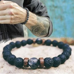 Strand Men Bracelets Fashion Tibetan Buddha Natural Chakra Lava Stone Tiny Wood Bracelet For Elastic Polished Tiger Eye Bead Bangle