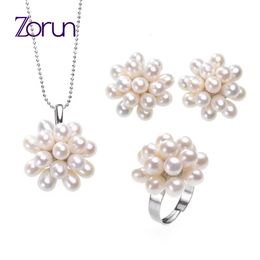 Bracelet Earrings Necklace Zorun Real Natural Freshwater Pearl Wedding Jewellery Sets 5-6MM with Silver Colour Design Ring Sets for Women 231124