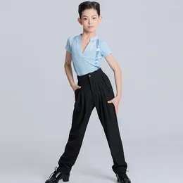 Stage Wear Boys Ballroom Dance Costume Latin Dancing Performance Blue V-Neck Shirt Black Pants ChaCha Rumba Dancer Outfit DL11279