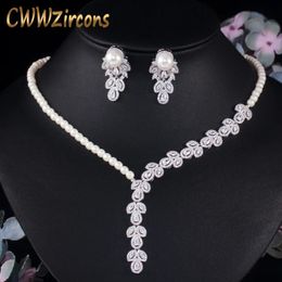 Beaded Necklaces CWWZircons Dangle Drop Cubic Zirconia Simulated Pearl Necklace Earrings Women Party Wedding Costume Jewelry Set for Brides T452 231124