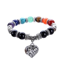 Strand Silver Plated Cute Heart Connect Many Colours Stone Round Beads Elastic Bracelet Healing Chakra Romantic Jewellery Beaded Strands