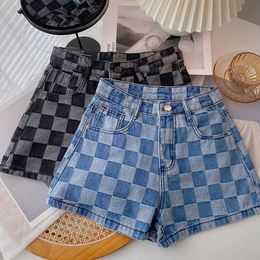 Jeans Street Design sense plaid denim shorts women's spring summer 2022 New Korean Plaid matching high waist wide leg hot pants