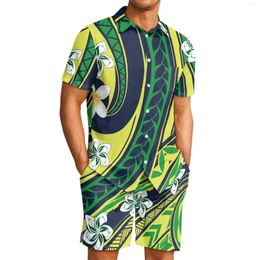 Men's Tracksuits Polynesian Tribal Pohnpei Totem Tattoo Prints Suit Lapel Plumeria Short Sleeve Polyester Shorts Beach Casual 2Piece Set