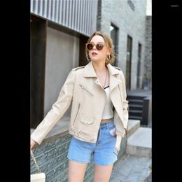 Women's Leather Moto Faux Jacket Women Korean Fashion Oblique Zipper Epaulette Belt Turndown Collar Jackets