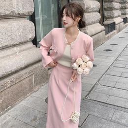 Work Dresses Pink Coat And Skirt Two Piece Sets 2023 Spring Autumn Women Elegant Fashion Korean Style Loose Fit Casual Short Suits 2311