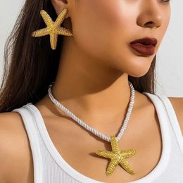 Beaded Necklaces Exaggerated Boho Colorful Metal Big Starfish Star Pendant Choker Necklace Stud Earrings Summer Punk Chunky Chain Y2K Jewelry Set 231124