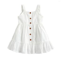 Girl Dresses Little Kids Baby Girls Summer Sling Plain Embroidery Button-Down Ruffle Hem Dress Knee-Length Casual Gown 2-7T