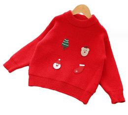 Children christmas pullover girls Xmas tree socks reindeer Santa Claus embroidery sweater tops kids red thicken knitted princess clothes Z5601