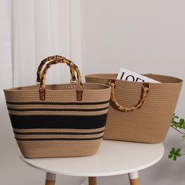 Shopping Bags Bamboo Handle Women Handbags Cotton Thread Woven Tote Summer Stripe Beach Bags for Women Bohemian Straw Bag Boho Clutch 230426