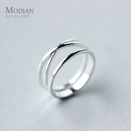 Solitaire Ring Modian Genuine 925 Sterling Silver Simple Cross Finger Ring for Women Fashion 3 Sizes Ring Minimalist Style Fine Jewelry Bijoux 230425