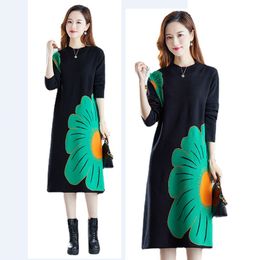 Women Casual Floral Winter Knitted Dress Elegant Designer O-Neck Slim Vacation Midi jumper Sweaters Dresses 2023 Spring Autumn Long Sleeve Soft Warm Party Frocks