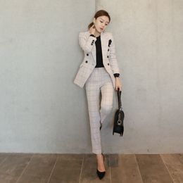 Women's Suits Blazers Autumn Women's Korean Style Elegant Fashion Lapel Double-breasted Lady Business Formal OL Suits Jackets With Long Pants Suit 230426