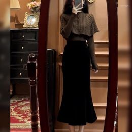 Work Dresses Autumn Winter Fashion Elegant Long Sleeve Knitted Pullover Cloak Sweater High Waist Black Velvet Mermaid Skirt 2 Piece Set