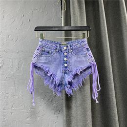 Jeans European Style Purple Hot Pants Womens Clothing 2022 Summer New Sexy Low Waist SingleBreasted Denim Shorts Laceup