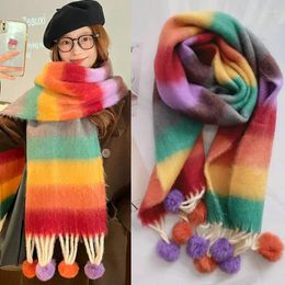 Scarves Women Scarf Shawl Qyfuly Colourful Striped Cape Winter Fashion Fur Ball Warm Long Neckerchief