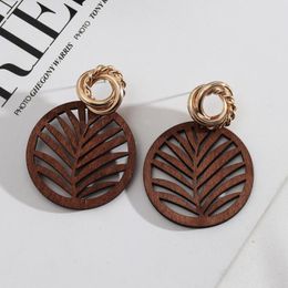 Dangle Earrings & Chandelier Cutout Round Wood Leaf Drop For Women TWIST Metal Baroque Circle Pierced Original Jewellery 2023