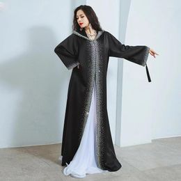 Stage Wear Ablaze Jewel Drilling Black Long Dress Performance Cloak Warm Overcoat Sleeves Group Competition Maxi Dresses With Hat Robe