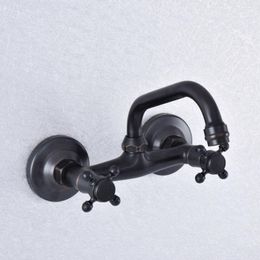 Kitchen Faucets Black Oil Rubbed Brass Double Handle Dual Hole Wall Mounted Washbasin Faucet Swivel Spout Bathroom Sink Mixer Tap Dsf735