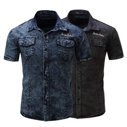 Men's Casual Shirts Men Elastic Cotton Denim Shirt Men Short Sleeve Cargo Shirts Work Business Shirts For Men Casual Blouse Streetwear Brand Clothes 230425