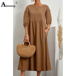 Dresses Women Elegant Maxi Dress Summer Three Quarter Sleeve Cotton Linen Party Dresses Long Robe 2022 Femme Vintage Pockets Loose Dress