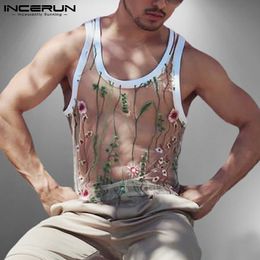 Men's Tank Tops Men Tank Tops Mesh See Through Embroidered Sleeveless O Neck Breathable Streetwear Vests Sexy Casual Men Tops S5XL INCERUN 230425