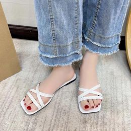 Sandals Women's Shoes 2023 Fashion Square Toe Narrow Band Women Slippers Summer Outdoor Walking Solid Flat Ladies Slipper