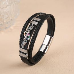 Charm Bracelets High Quality Stainless Steel Magnetic Clasp Bracelet Colorful Zirconia Braided Leather Rope For Man Woman Jewelry Gift