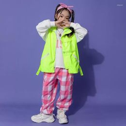 Stage Wear Fluorescent Green Vest Kids Long Sleeves Sweater Girls Hip Hop Performance Clothes Boys Streetwear Costume Rave BL9643