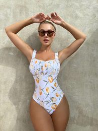 Women's Swimwear 2023 European And American Conservative Fresh Natural Pleated One-Piece Printed Swimsuit