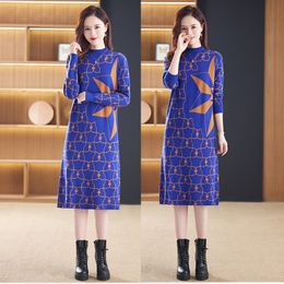 Graphic Casual Knitted Dress Long Sleeve Women Designer Winter O-Neck Slim Soft Warm Vacation Runway Blue Sweaters Dresses 2023 Spring Fall Sweet jumper Midi Frocks