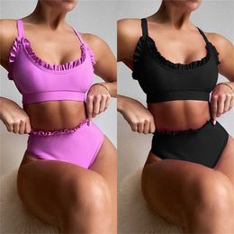 Swim wear Bikini 2022 Sexy Swimwear Swimsuit Women Solid Ruffle High Waist Bikinis Set Bathing Suit Bikini Taille Haute Biquinis Feminino AA230425