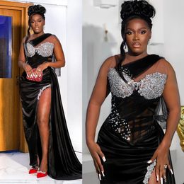 Plus Size Black Aso Ebi Prom Gowns Mermaid Beaded Front Split Evening Dresses African Arabic Nigeria Second Reception Birthday Party Gowns Gala Pageant Gown ST348