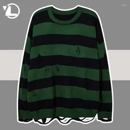 Men's Sweaters Hole Knitting Sweater Men Green Striped Tate Langdon O-Neck Jumpers Unisex College Fashion Knitted Loose Streetwear Pullover