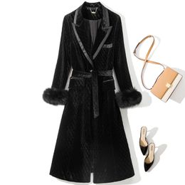 2023 Winter Black Solid Colour Belted Velour Wool Blends Outwear Coat Long Sleeve Notched-Lapel Panelled Single-Breasted Long Outwear Coats Y3N242386