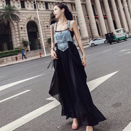 Casual Dresses Vintage Plus Size Spaghetti Strap LongDenim Dress Women Spring Waist Belt Party Jeans Summer Streetwear Korean Frocks