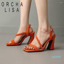 Sandals ORCHA LISA Female Square Toe Flock Suede Back Strap Strange Heels 9cm Large Size 40 41 42 Solid Sexy Dating Women Shoes