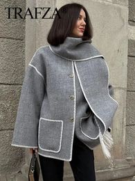 Women's Wool Blends TRAFZA Autumn Jacket For Women Vintage Solid Long Sleeve Woollen Coats With Scarf Winter Warm Female Fashion Streetwear Coat 231124