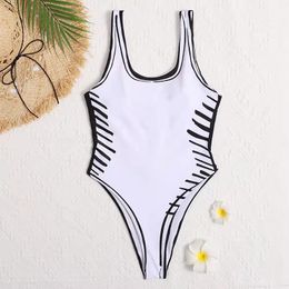 Summer women swimwear etter white hand-painted line pattern one piece swimsuits womens three-point sexy lace up beach sunshine Island bikini