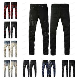 designer amirs Mens Mens Jeans High Street Purple Jeans for mens Embroidery pants Womens Oversize Ripped Patch Hole Deni 6967