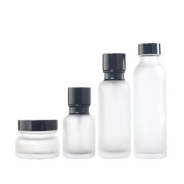 50G Glass Bottle Wtih Plastic Wood Grain Lids 50ML 110ML 150ML Frost Glass Cream Cosmetic Container Pump Bottles Tjcax
