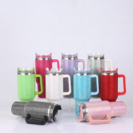 Wholesale 40oz Diamond Handle Tumblers Without Logo 1200ml Stainless Steel Water Bottles Colourful Shinny Drinking Cups Double Wall Insulated Tumbler A12