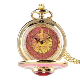 Pocket Watches Unique Women Magic Rhinestone SAKURA Quartz Watch Gold Women's Necklace Pendant Chain Cosplay Gifts For Girls LadiesPocke