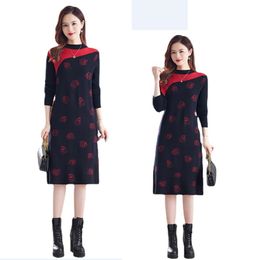 Women Blue Floral Knitted Sweaters Dress Winter Casual Designer O-Neck Slim Vacation Midi jumper Dresses 2023 Spring Autumn Long Sleeve Soft Warm Runway Party Frocks