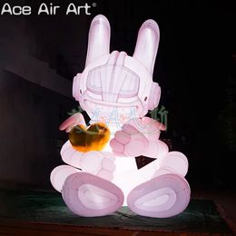LED Lighting Pink Bunny Inflatable Decoration Evil Rabbit with Gold Heart Figure and Wings for Valentine's Day