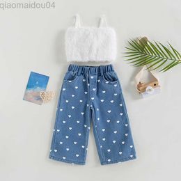 Clothing Sets Girls Children Summer Clothing Set Sleeveless Strap Furry Tops + Elastic Waist Heart Print Jeans Pants Princess Outfit AA230426