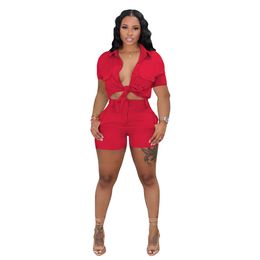 Designer Tracksuits Summer Outfits Women Two Piece Sets Short Sleeve Pocket Shirt AND Shorts Casual Sweatsuits Solid Sportswear Bulk Wholesale Clothes 9784