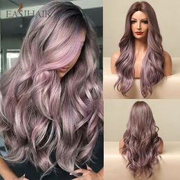 Synthetic Wigs Eahair Sintetik Ombre Coklat Ungu Panjang Bergelombang untuk Wanita Rambut Lolita Pesta Cosplay Bagian Tengah Alami Tahan Panas 230425