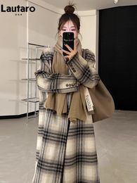 Women's Wool Blends Lautaro Autumn Winter Long Warm Soft Colourful Plaid blends Coat for Women Double Breasted Luxury clothes Woollen Overcoat 231124