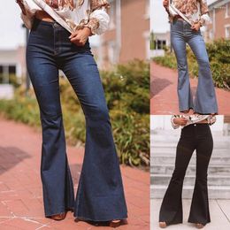 Women's Jeans Women Flare Spring Autumn Fashion Casual Wide Leg Bell Bottom Elastic Skinny Slim Push Up Long Denim Pants Blue Black